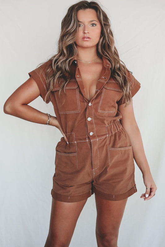 A Walk In The Park Brown Denim Romper