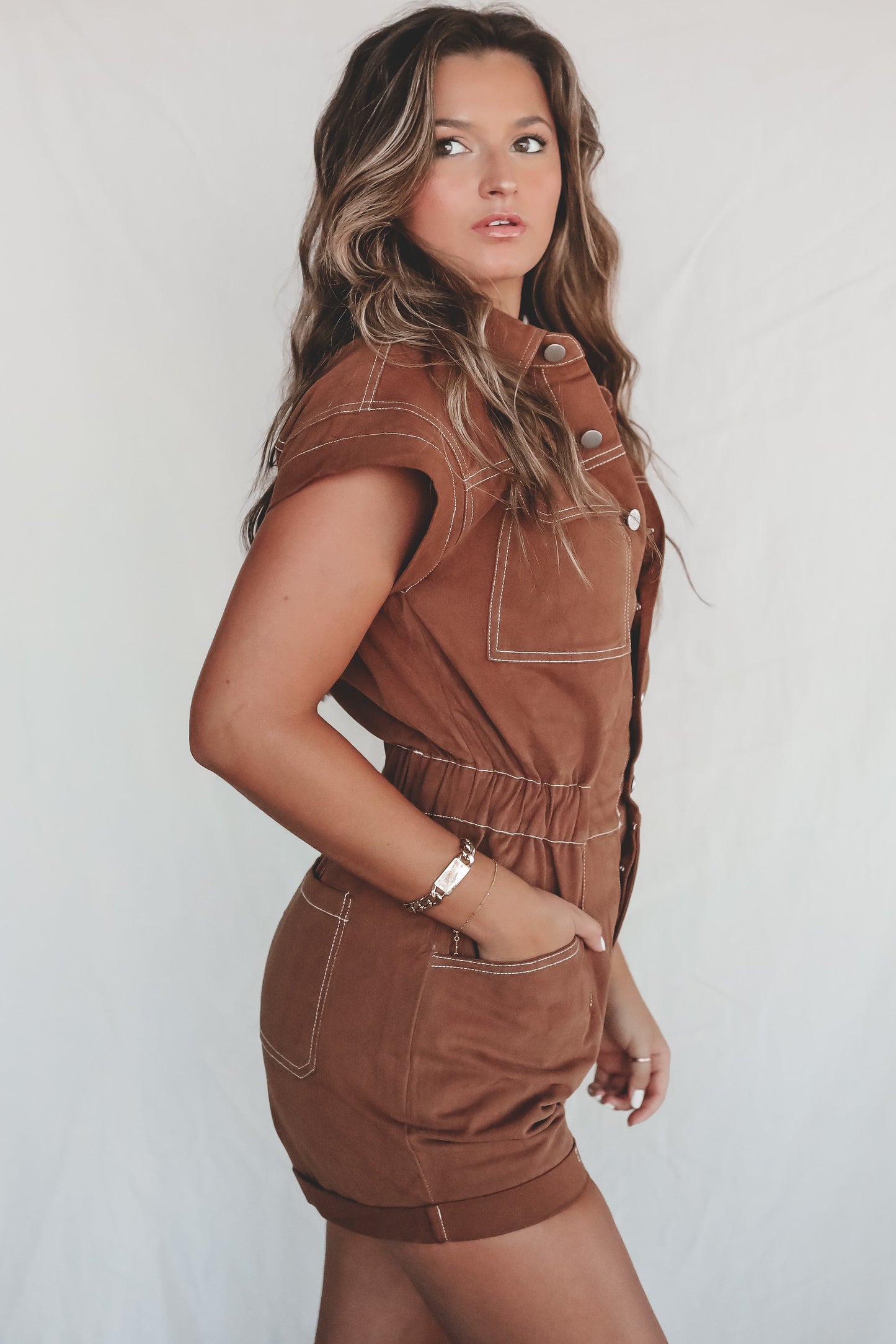 A Walk In The Park Brown Denim Romper